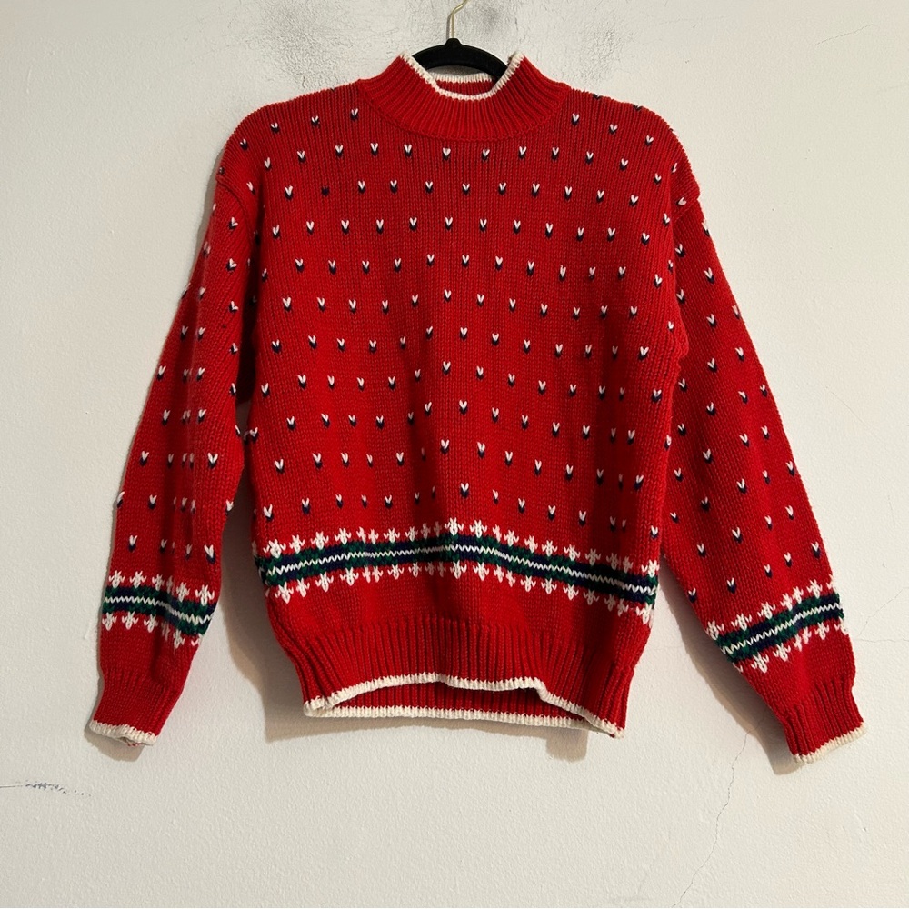 Vintage Red Knit Geometric Fair Isle Mock Neck Sweater Ski Nordic Winter